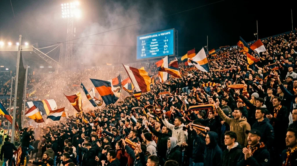 Grada llena de aficionados animando en un estadio de futbol de la Ligue 1 durante un partido de liga