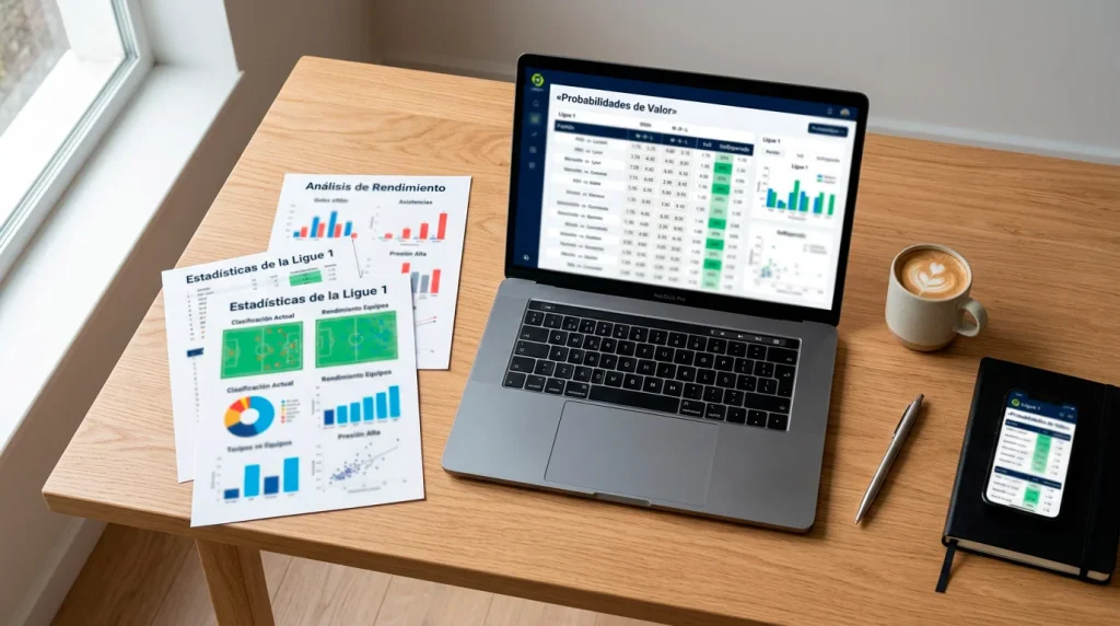 Escritorio con graficos estadisticos de futbol impresos junto a un portatil con cuotas de apuestas de la Ligue 1