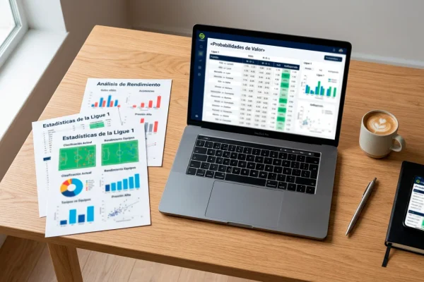 Escritorio con graficos estadisticos de futbol impresos junto a un portatil con cuotas de apuestas de la Ligue 1